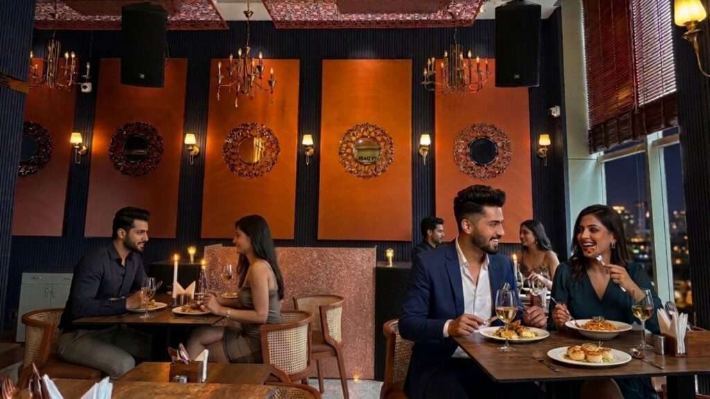 Couples enjoying a romantic candlelight dinner at a fine dining restaurant