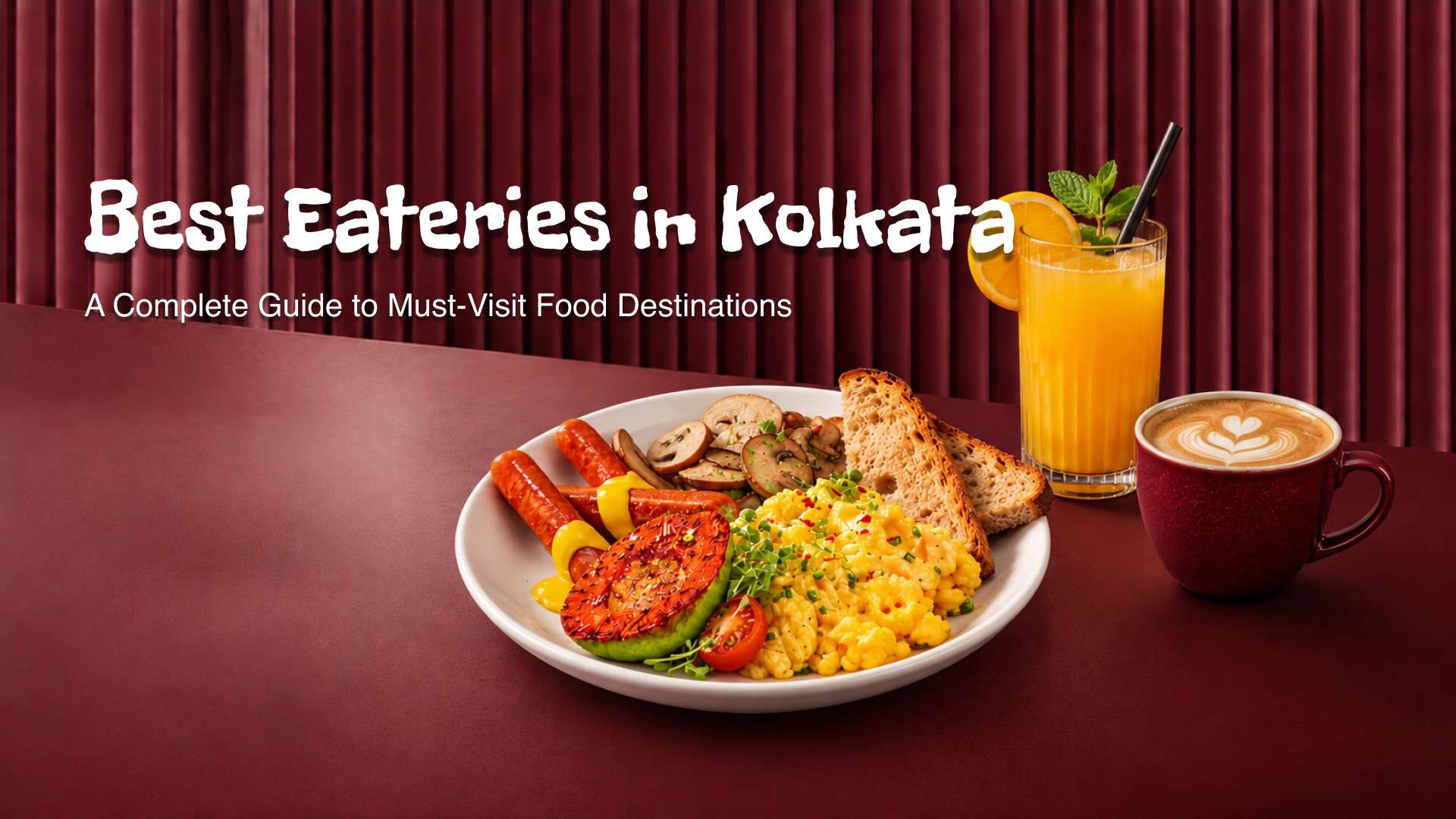Grilled seafood platter with corn, vegetables, toasted bread, fresh orange juice, and cappuccino on a restaurant table