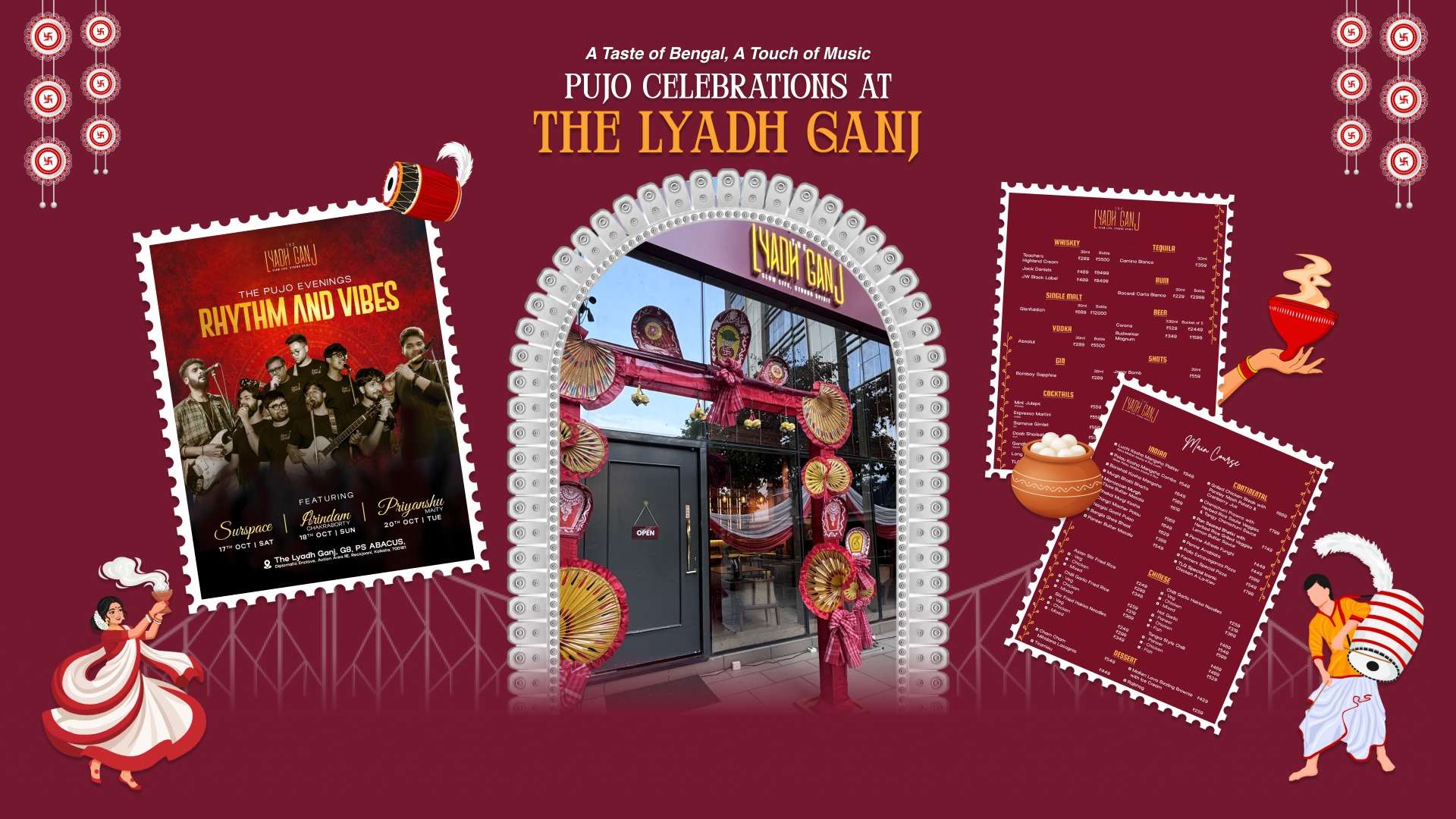 The Lyadh Ganj Pujo celebrations featuring live music, festive restaurant decor, and food and drinks menus for Durga Puja